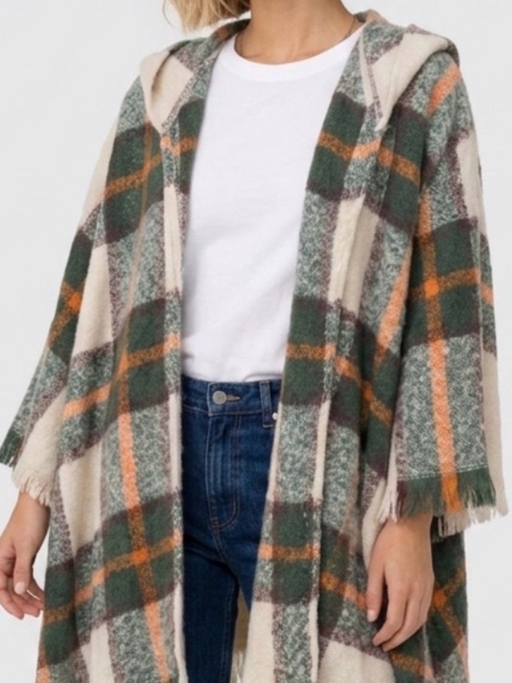 Source Unknown Hooded Plaid Open Cardigan - Cream, Green & Orange